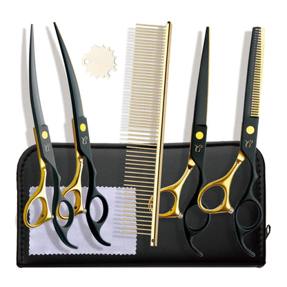 CITYWISH Dog Grooming Scissors，Paint Coated Curved Thinning Scissors with Safety Round Tips Sharp and Durable 5 in 1 Dog Scissors for Grooming